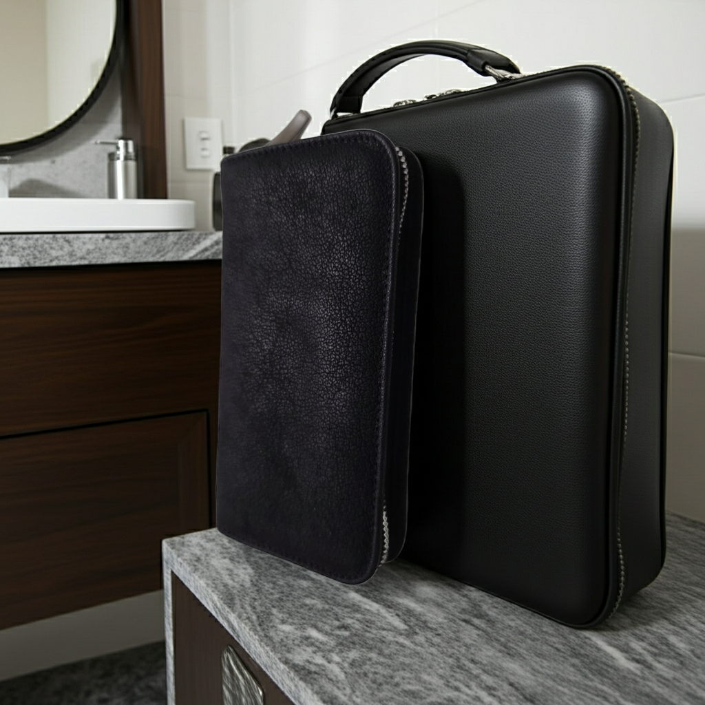 Reise-Set 4 Teilig Nubuk Leder Etui mit Gillette Mach 3 Edelstahlausführung