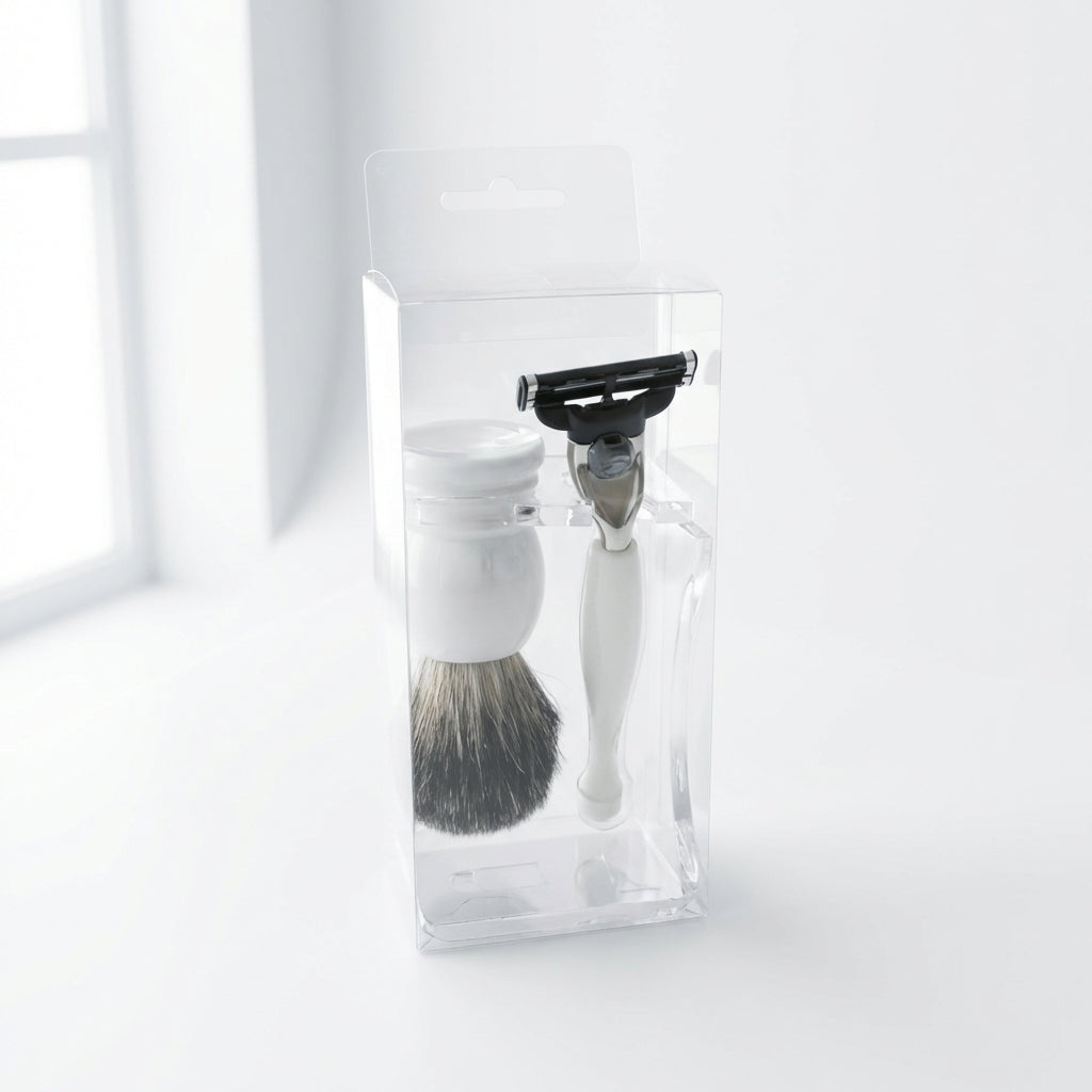 Rasier-Set, Kunstoff weiß, Rasierpinsel Rein Dachs , Rasierer Mach 3